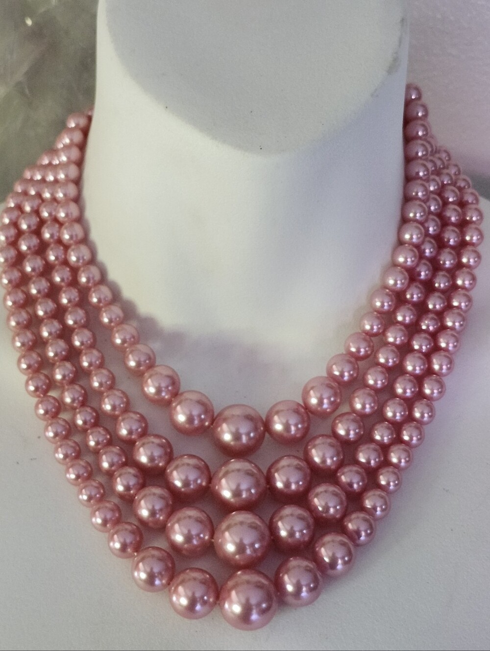 Vtg Japan Multi Strand Pink Faux Pearl Graduated Lustrous Beads Necklace